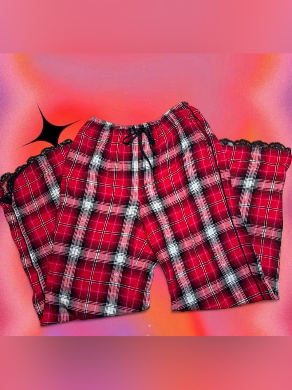 Victoria's Secret Red Plaid Lounge Pajama Pants with Black Lace Trim